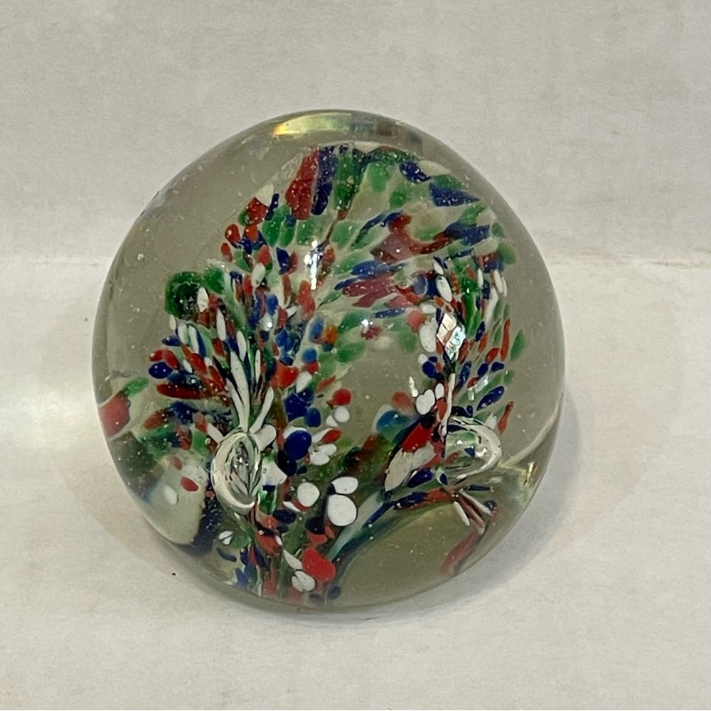 VTG Hand Blown Art Glass Confetti Flower Red Blue Green 2” Paperweight